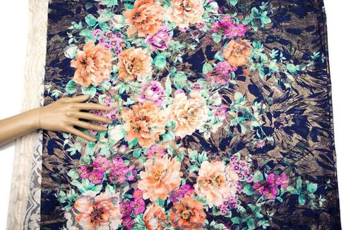 Blue Purple Orange Floral Metallic Fancy Lace Fabric Non Stretch 1.75 Yards