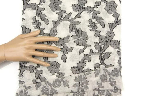 Black and Off White Floral Fancy Embroidered Gauze Fabric by the Yard