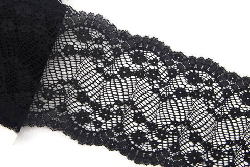Black Wide Floral Stretch Lace Trim by the yard