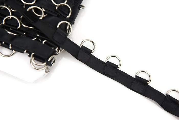 Nickel D Ring Tape on Black Satin Trim by the yard ATN00504 - Felinus Fabrics
