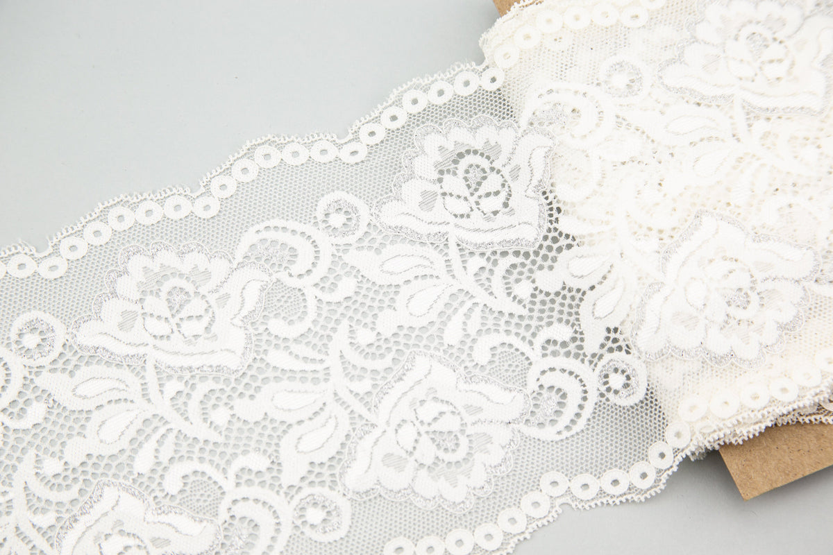 White and Silver Floral Wide Stretch Lace Trim 5-5/8 inches width 5.75 yards