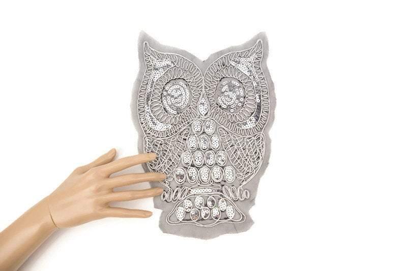 Gold and Silver Owl Embroidered and Sequined Applique on Black Mesh APP00151 - Felinus Fabrics
