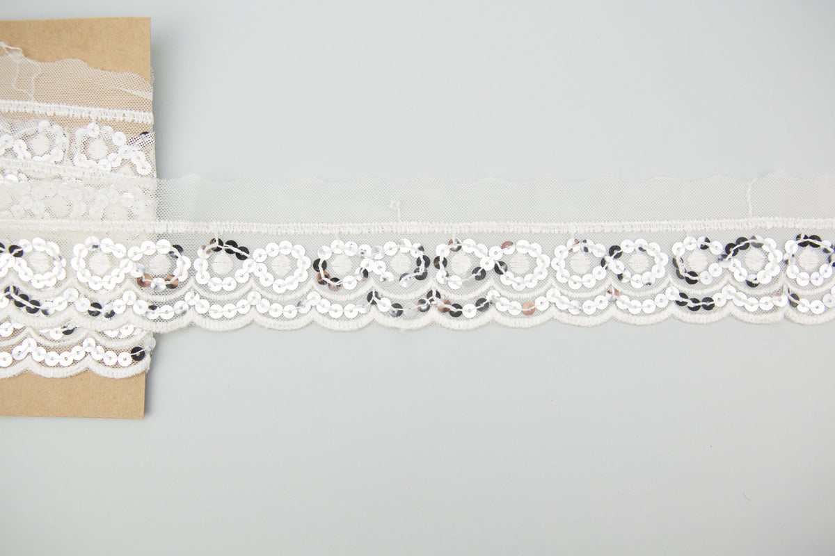 Silver Sequined Lace Trim 2.5 inches width x 1 yard and 29 inches length.