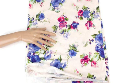 Blue and Dark Pink on Vanilla Floral Knit Jersey Fabric Remnant