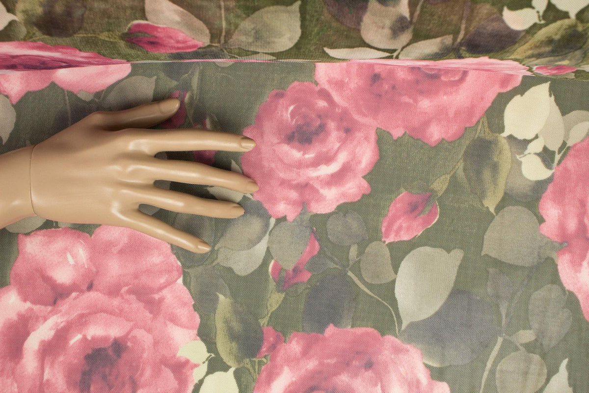 Blush Pink and Green Rose Floral Stretch Mesh Fabric Extra Wide by the yard - Felinus Fabrics