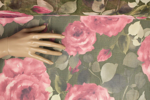 Blush Pink and Green Rose Floral Stretch Mesh Fabric Extra Wide by the yard