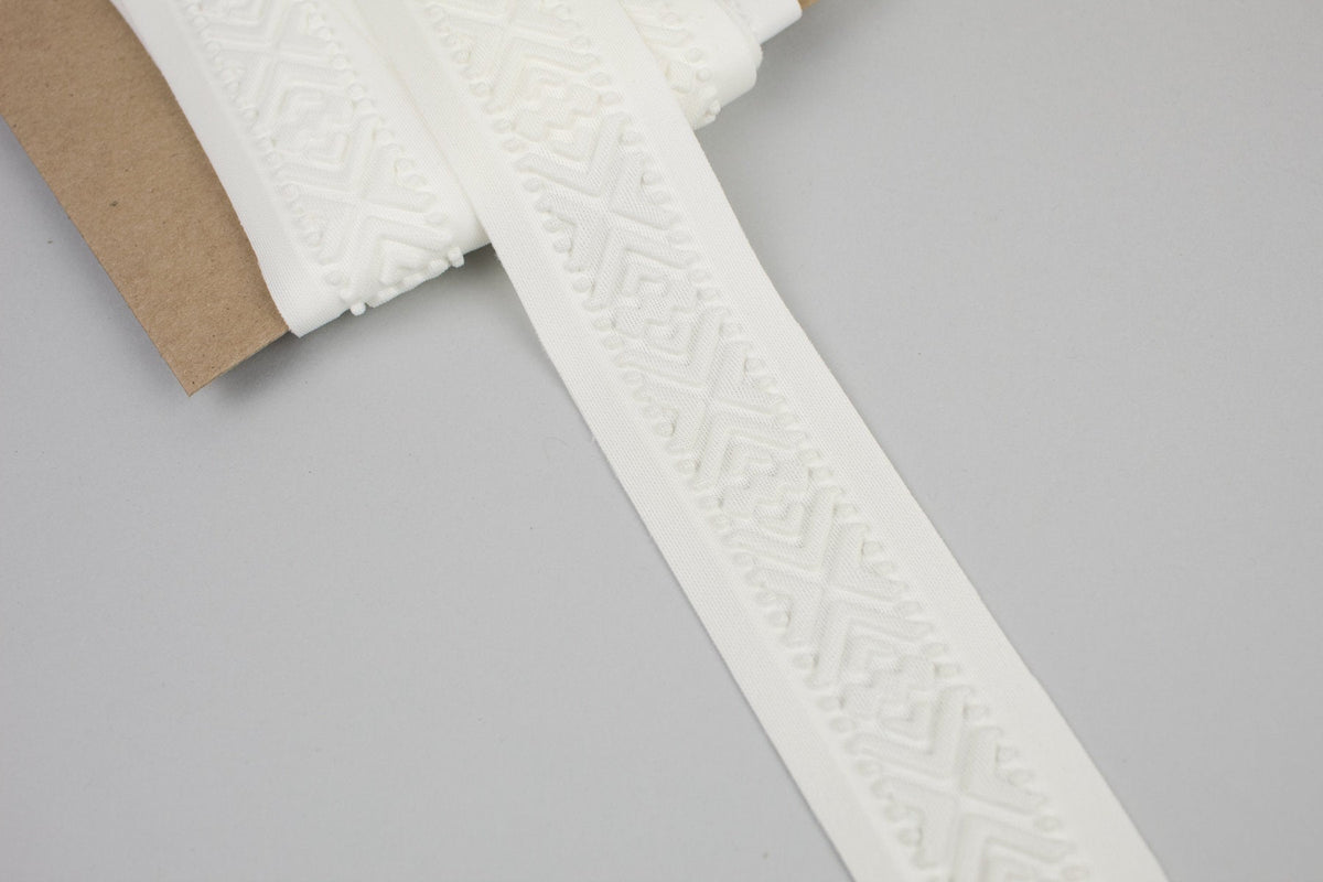 Off White Embossed Geometric Tribal Design Polyester Spandex Trim 1-7/8 inches width x 4.5 yards