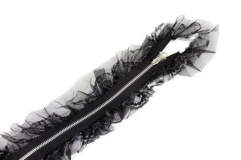 Black Two Way Zipper with Silver Metal Teeth and Ruffled Lace and Mesh