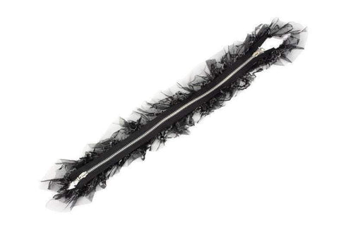 Black Two Way Zipper with Silver Metal Teeth and Ruffled Lace and Mesh