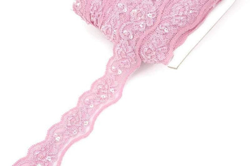Muted Pink Sequined Stretch Lace Trim 1-3/8 inches width x 5 yards SLT00213