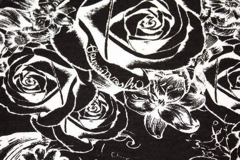 Black and White Skulls and Floral Print Knit Jersey Fabric by Lauren Moshi by the yard