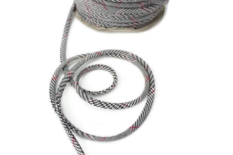 Black White and Red Plaid Hounds tooth Woven Trim Spaghetti Straps Hollow Tube Tubular Trim 5 yards - Felinus Fabrics