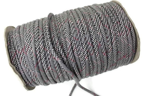 Black White and Red Plaid Hounds tooth Woven Trim Spaghetti Straps Hollow Tube Tubular Trim 10 yards