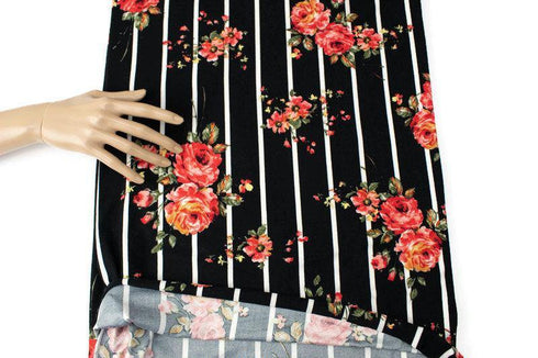 Black and White Stripe with Red Floral Brushed Polyester Spandex Knit Fabric Sporty Athletic Yoga Headbands by the yard