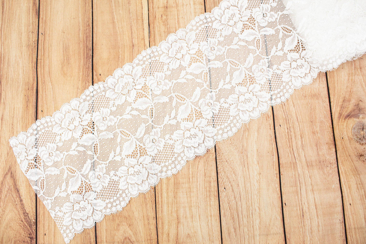 Off White Floral Wide Stretch Lace Trim 7.25 inches width x by the yard SLT00241 - Felinus Fabrics