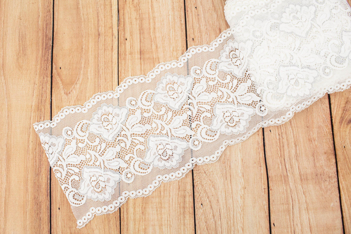 Off White and Metallic Silver Floral Wide Stretch Lace Trim 5.75 inches width x by the yard SLT00242 - Felinus Fabrics