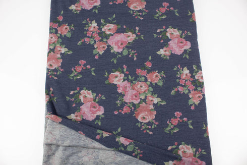 Heather Dark Blue and Blush Floral Baby French Terry Knit Fabric 2 yards 24 inches FTK00814