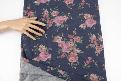 Heather Dark Blue and Blush Floral Baby French Terry Knit Fabric 2 yards 24 inches FTK00814