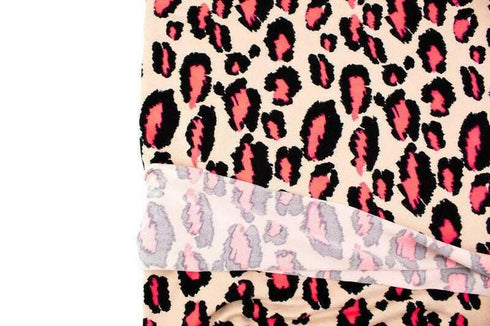 Beige Black and Neon Coral Pink Leopard Print Animal Print Brushed Polyester Spandex Knit Jersey Fabric by the yard