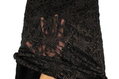 Black and Metallic Gold Floral Stretch Lace Fabric by the yard