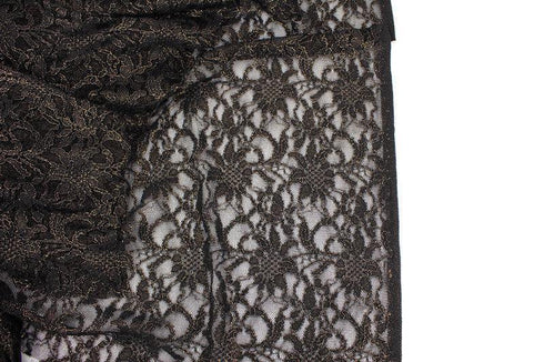 Black and Metallic Gold Floral Stretch Lace Fabric by the yard