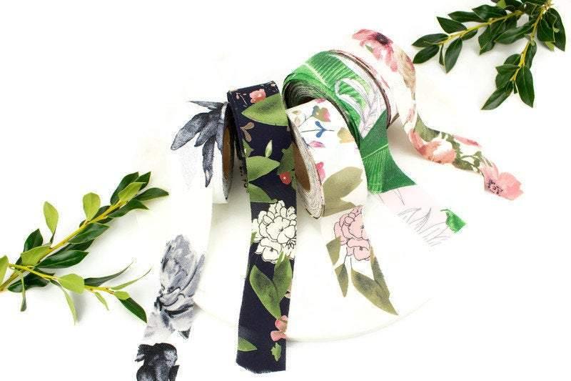 Green and Light Pink Tropical Leaves Embossed Cloque Crepe Georgette Woven Bias Tape 1.25 inches width x 13 yards BST00201 - Felinus Fabrics