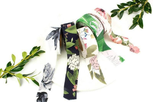 Green and Light Pink Tropical Leaves Embossed Cloque Crepe Georgette Woven Bias Tape 1.25 inches width x 13 yards BST00201