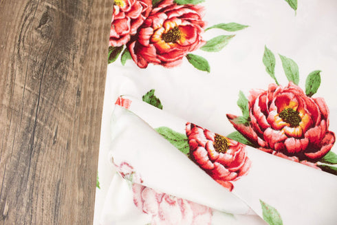 Off White Red Floral Techno Crepe Double Knit Ponte Knit Fabric by the yard PDK00707R