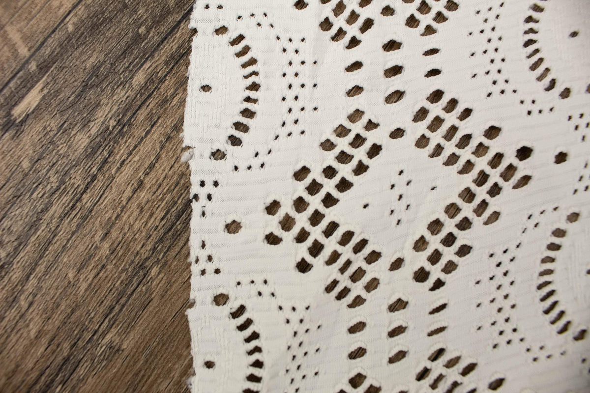 Off White Fancy Cut Out Polyester Spandex Knit Fabric Made in France by the yard ATK00502R Extra Wide - Felinus Fabrics