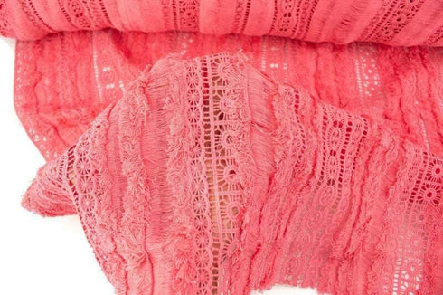Bright Coral Pink Cotton Lace Fringe Fabric by the yard
