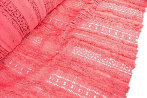 Bright Coral Pink Cotton Lace Fringe Fabric by the yard