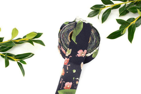 Navy Floral Polyester Crepe Georgette Woven Bias Tape 1.25 inches width x 15 yards BST00199