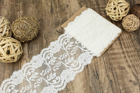 Cream Wide Floral Stretch Lace Trim Remnant 3 yards 30 inches