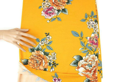 Yellow Orange Floral Brushed Polyester Knit Fabric by the yard