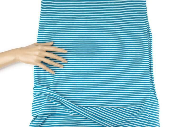 Teal Blue and Off White Narrow Stripe Speckled Knit Jersey Fabric by the yard - Felinus Fabrics