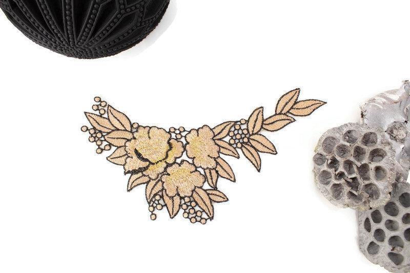 Warm Gold Floral Embroidered Iron On Patch Applique - Felinus Fabrics