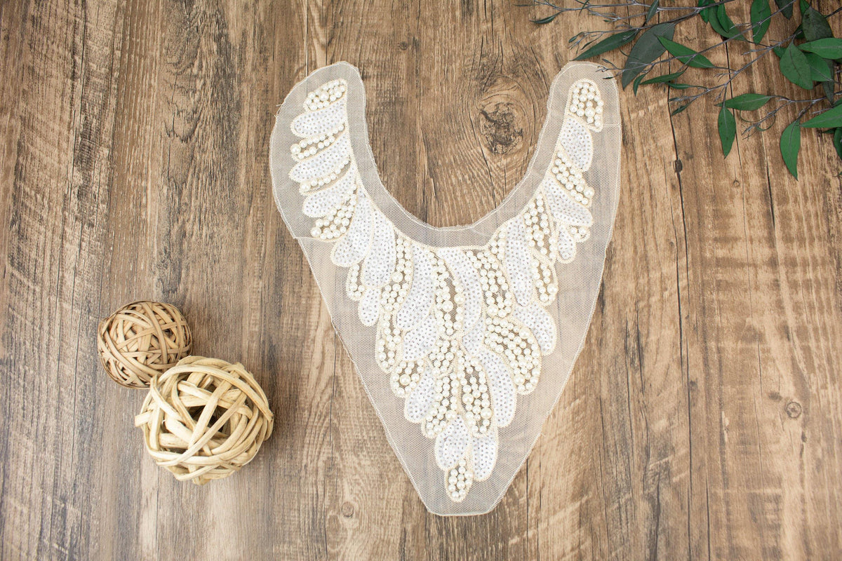 Cream Pearl Sequined Embroidered Applique for Top - Felinus Fabrics