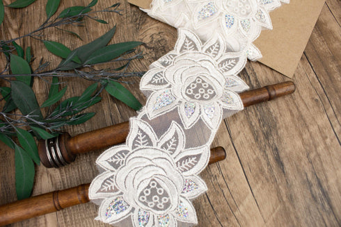 Off White Floral Lace Trim Remnant with Sequins 1 yard 32 inches