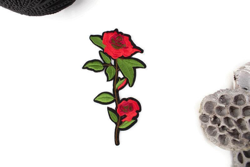 Red Rose Embroidered Iron On Patch Applique - Felinus Fabrics