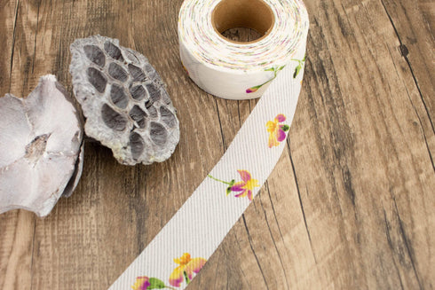 Yellow and Magenta Floral Stripe Gauze Bias Tape 25 yards