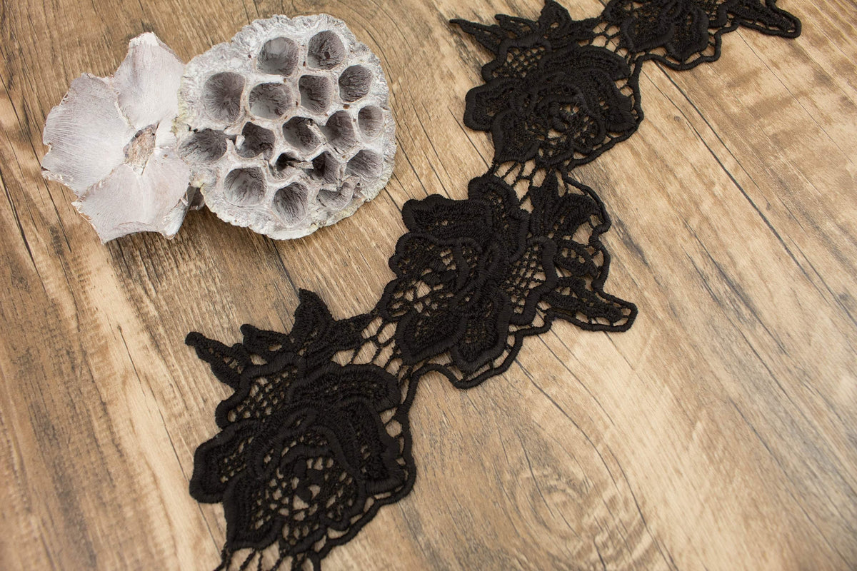 Black Cotton Guipure Lace Trim Remnant 4 yards - Felinus Fabrics