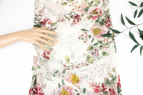 Red and Pink Floral on Cream Stretch Mesh Fabric by the yard