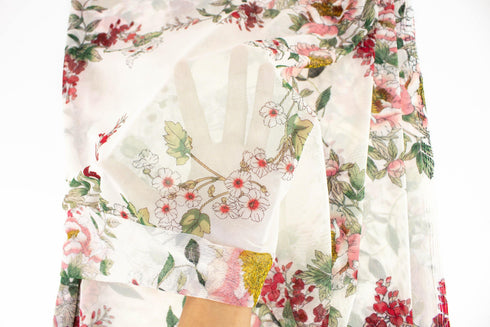 Red and Pink Floral on Cream Stretch Mesh Fabric by the yard