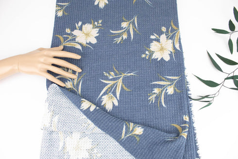 Blue Floral Waffle Thermal Sweater Knit Fabric Remnant 2 yards OSK01122