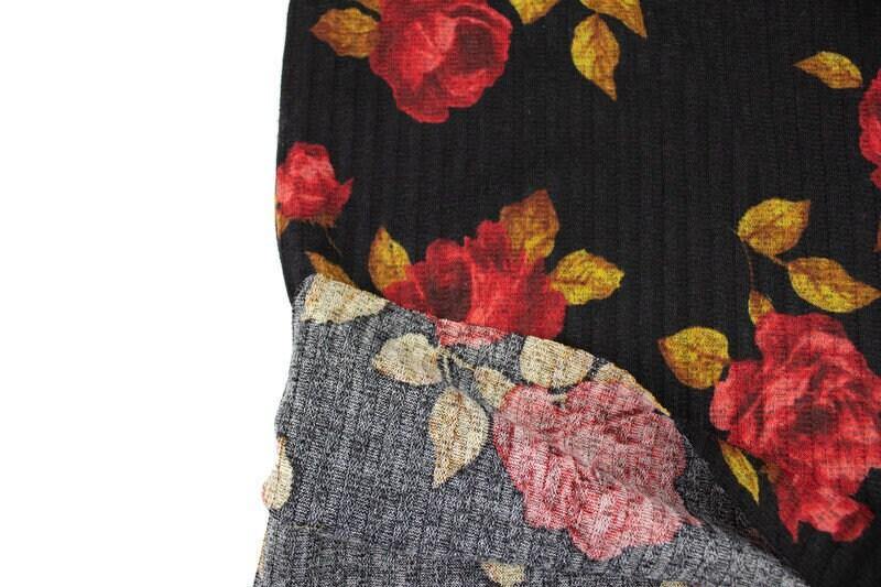 Red and Black Rose Flora Print Rib Sweater Knit Fabric by the yard - Felinus Fabrics