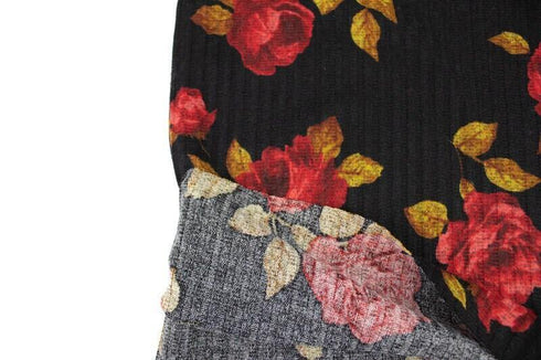 Red and Black Rose Flora Print Rib Sweater Knit Fabric by the yard