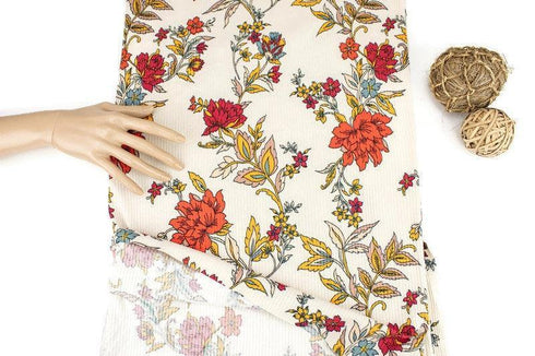 Red and Orange on Light Beige Rib Knit Jersey Fabric by the yard