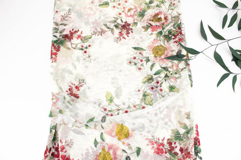 Red and Pink Floral on Cream Stretch Mesh Fabric by the yard