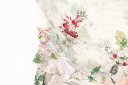 Red and Pink Floral on Cream Stretch Mesh Fabric by the yard