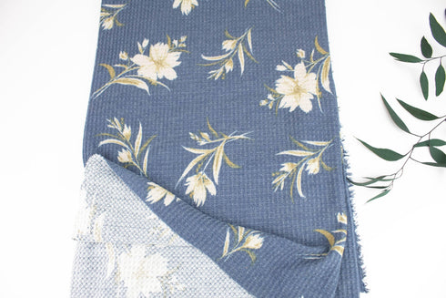 Blue Floral Waffle Thermal Sweater Knit Fabric Remnant 2 yards OSK01122